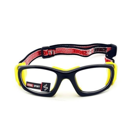 Steel Sport Marka Bandajlı Sporcu Gözlükleri - Champion SS-FS C08 [Parlak Metalik Siyah - Sarı Pedler] - Siyah